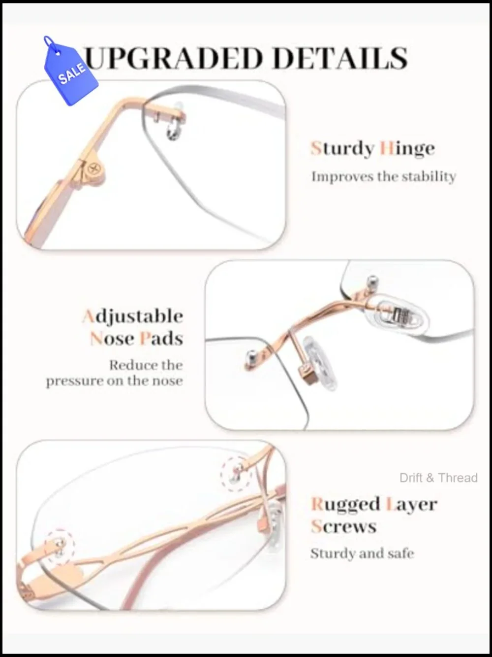 Rimless Lightweight Metal Reading Glasses Blue Light Blocking Computer Readers